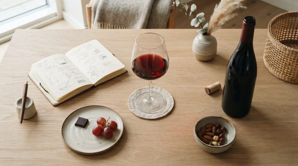 Overhead flat lay photograph of a wine tasting setup featuri